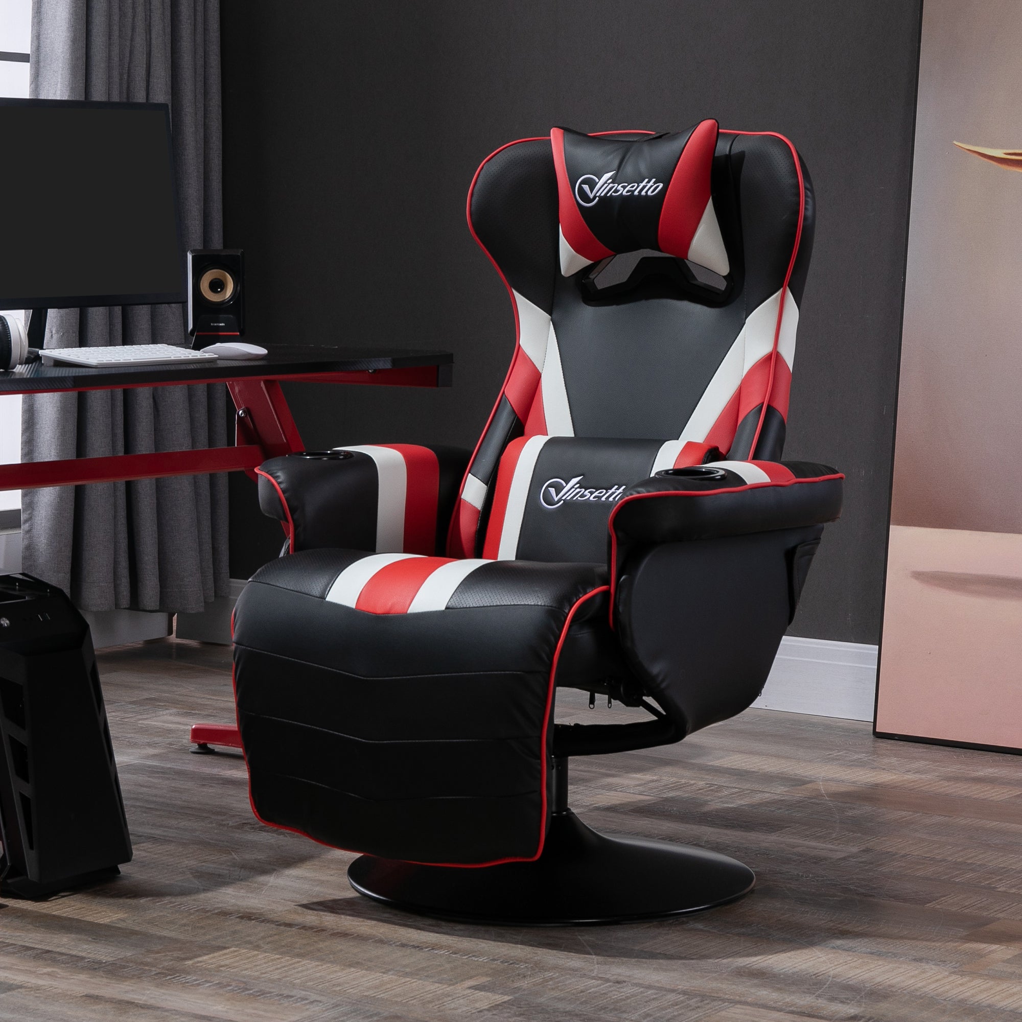 Gaming chair with red and white accents in a room setup with a computer desk.